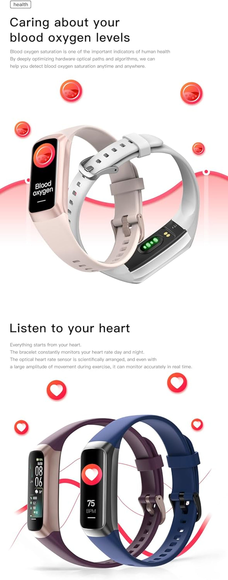 Keep Health Fitness Trackers for Women Men, Amoled Fitness Tracker for Android&Ios, Alarm Stopwatch Fitness Tracker with Blood Pressure Monitor, Calories Burned IP68 Waterproof Fitness Step Tracker